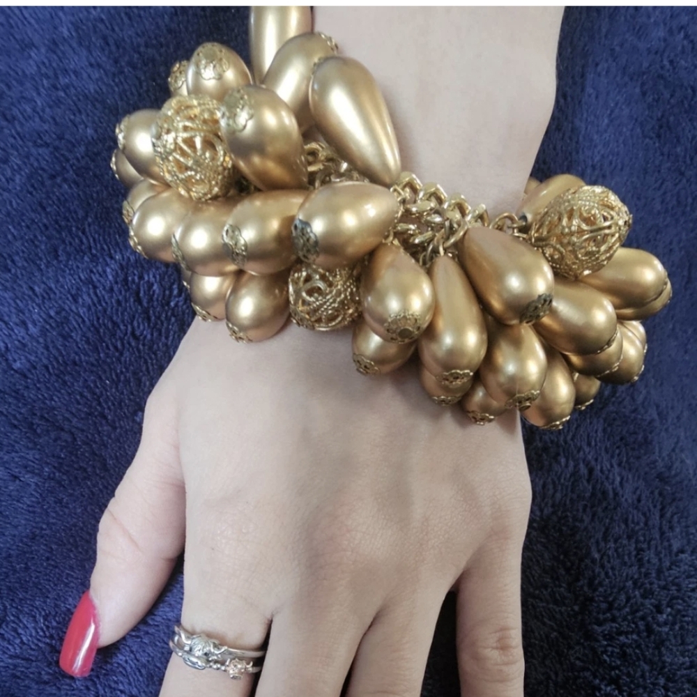 Vtg Estate Gold Tone Cha Cha Bracelet Filigree Fine Rare HEAVY Gaudy MCM 50s